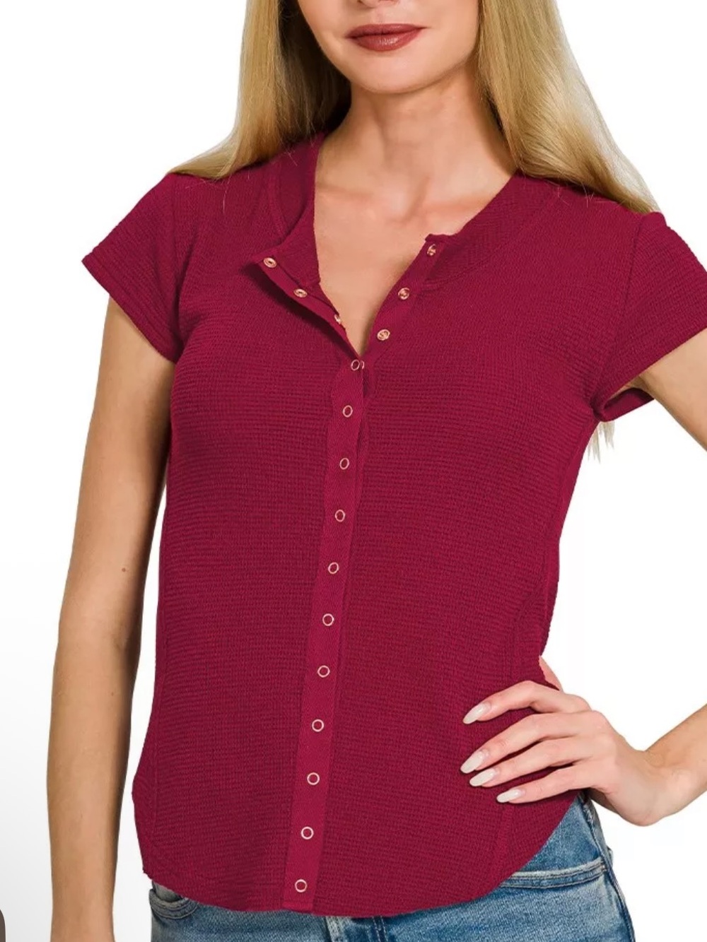 Zenana Double Knit Snap Button Short Sleeve Shirt Tee CABERNET